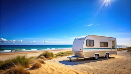 Caravan trailer parked near the sea with a beautiful beach and clear blue sky in the background, caravan, trailer, sea