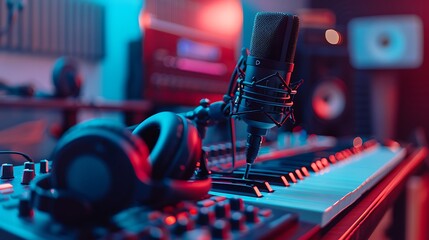 Fototapeta premium Professional podcasting setup with a close-up on a microphone, headphones, and a mixer, showcasing the equipment in a sleek studio environment, warm lighting highlighting the details,
