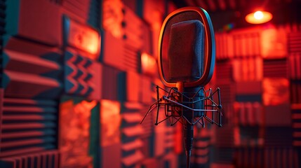 Professional soundproof booth with a podcaster recording, using a high-quality microphone with a pop filter, acoustic panels on the walls, warm and soft lighting,