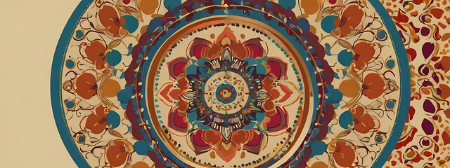 Retro Mandala with Bold Colors and Distinctive 70s Patterns on a Cream Background, Featuring Ample Copy Space for Text or Branding