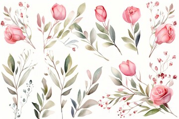 Watercolor painting of pink roses with leaves and branches.