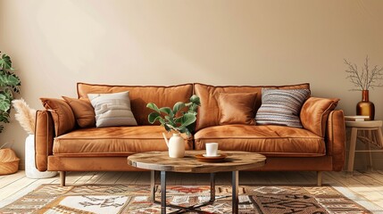 Brown Leather Sofa with Wooden Coffee Table and Rug in Living Room