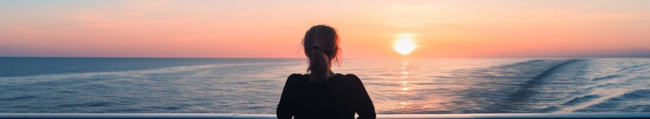 Fototapeta premium Serene Sunset Over the Horizon: A Woman on a Cruise Ship Deck Enjoying Tranquil Solitude Amidst Travel and Leisure.
