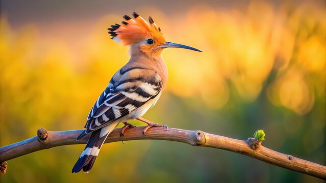 Eurasian hoopoe bird perched on a branch in soft early morning light , hoopoe, Upupa epops, birdwatching, wildlife, nature