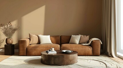 Modern Living Room with Brown Leather Sofa, Coffee Table, and White Rug