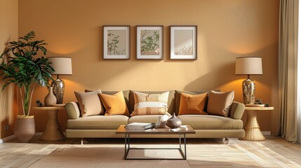 Modern Living Room with Beige Sofa, Wooden Coffee Table, and Accents