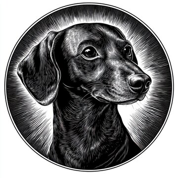 Black and white Vintage engraved art of a Dachshund in a circular stamp logo style, isolated on white background, ink sketch illustration, simple vector art design, highly detailed line art