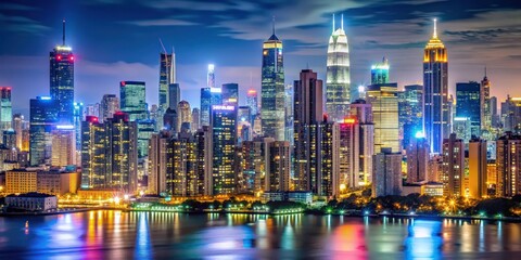 Naklejka premium Nightly skyline with bright lights, zoomed, night, skyline, cityscape, urban, lights, buildings, illuminated