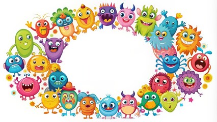 Naklejka premium Funny monsters in a circular shape pattern , cute, colorful, whimsical, creatures, background, seamless, design, cartoon
