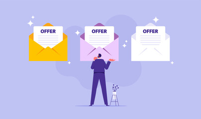 Job offer or job opportunity to be promoted or new position for higher salary, businessman standing in front of envelope and the paper sheet with new job conditions, thinking to accept job off