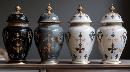 Ornate Porcelain Vases with Gold Accents on Display, Featuring Classic Black, Gray, and White Designs with Elegant Decorative Patterns