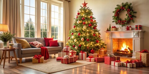 Obraz premium A cozy living room filled with wrapped presents, a decorated tree, and excited children on Christmas morning, Christmas