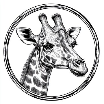 Black and white Vintage engraved art of a giraffe's head in a circular stamp logo style, isolated on white background, ink sketch illustration, simple vector art design, highly detailed line art