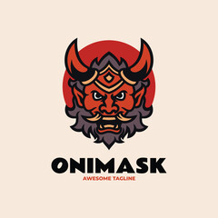 Vector Logo Illustration Oni Mask Mascot Cartoon Style.