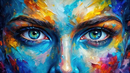 Obraz premium Close-up of expressive blue eyes in a vibrant abstract painting with textured brushstrokes, blue eyes, close-up