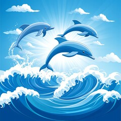 Illustration of three dolphins jumping over ocean waves with a bright sun and blue sky background.
