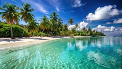 Fototapeta premium Sandy beach with crystal clear turquoise water and palm trees, tropical, sea, beach, sand, ocean, palm trees, paradise, vacation