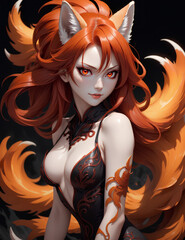 A wicked nine-tailed kitsune in the guise of a beautiful female human figure