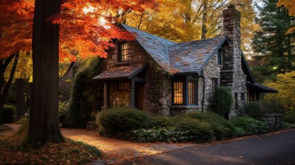 Photograph of a quaint stone cottage enveloped by a symphony of autumn colors