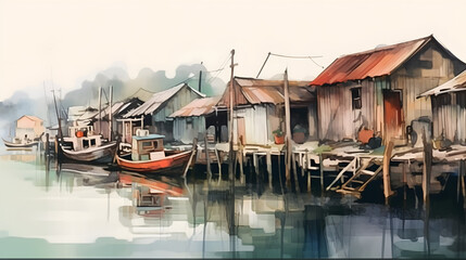 Obraz premium Fishing Villages watercolor style