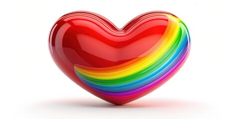 Obraz premium Shiny red love heart with a bright rainbow flowing top to bottom and copy space on left side, love, heart, rainbow
