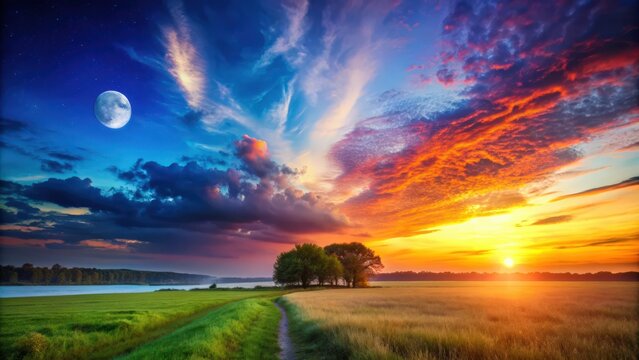 Beautiful transition between day and night with vibrant colors , sunset, sunrise, dusk, dawn, evening, morning, twilight, sky