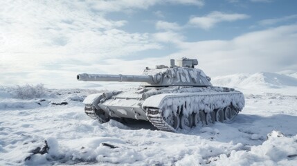 Obraz premium Photograph of a tank camouflaged amidst a snowy battlefield,