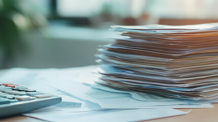 Stack of Co-pay Receipts with Calculator and Insurance Papers on Tidy Desk, Symbolizing Healthcare Financial Management