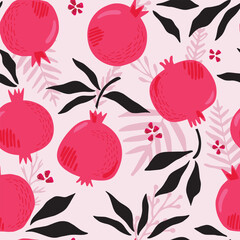 Seamless vector pomegranate pattern on pink background. Vector seamless pomegranate background for Rosh Ha-Shana celebration. Rosh Ha-Shana celebration greeting card.