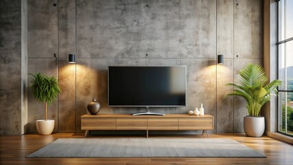 Smart TV mockup hanging on concrete wall in modern luxury interior, Smart TV, mockup, hanging, concrete wall, modern