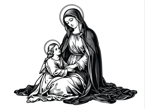 recommend clip art: The Mary Our Lady Virgin Mary Mother of Jesus, madonna, vector illustration, black on white background, printable, suitable for logo, sign, tattoo, laser cutting, sticker and other print on demand
                    