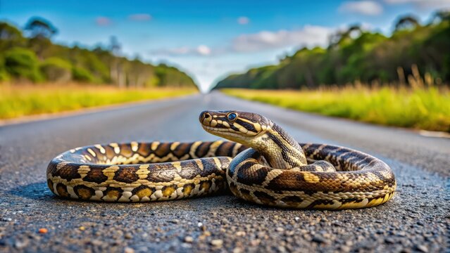 Carpet python curled up on road, carpet python, snake, reptile, wildlife, nature, camouflage, exotic, Australian, scales