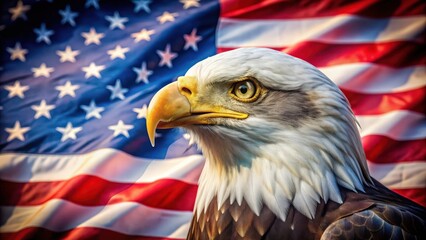 Naklejka premium Double exposure effect of a North American bald eagle superimposed on an American flag , bald eagle