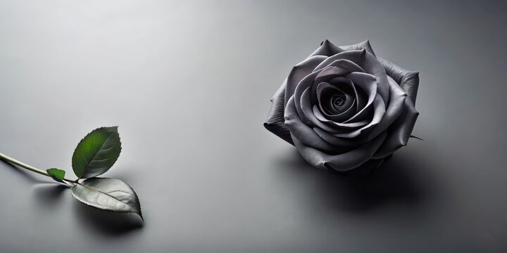 Minimalist sympathy condolences card with black rose on muted grey background for a funeral concept, sympathy, condolences