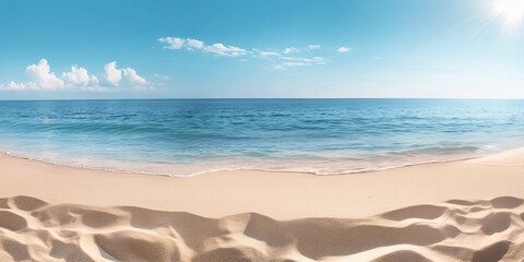 Obraz premium Paradise Found: Pristine white sand beach meets crystal clear turquoise waters under a vibrant blue sky. 