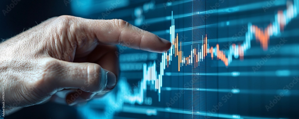 Poster a close-up of a businessmanhand pointing to an upward-trending graph on a computer screen, represent
