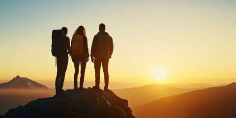 Summit Sunrise: Three silhouetted figures stand atop a mountain peak, arms linked, gazing at a breathtaking sunrise over a misty valley. The image evokes a sense of accomplishment, camaraderie