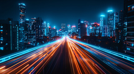 Speed light trails path through smart modern mega city and skyscrapers town with neon futuristic technology background