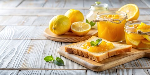 Lemon jam sandwiches or toasts on light wooden background, perfect for breakfast, lemon, jam, sandwiches, toasts, wooden