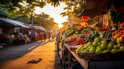 Photograph of a bustling street market in a tropical city, overflowing with colorful fruits,