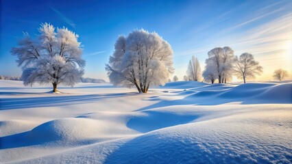 Fototapeta premium Snow-covered winter landscape with smooth, untouched snowdrifts and frosted trees, snow, winter, texture, background, cold, season
