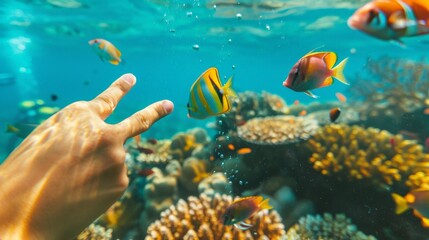 Fototapeta premium A close-up of a snorkeler pointing at a school of fish swimming around vibrant coral