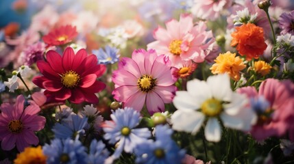 Fototapeta premium Photograph of a close-up of a flower field in full bloom, with a variety of colors and textures,