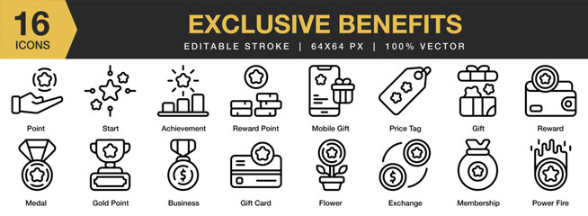 Exclusive Benefits icon set. Editable Stroke Icon Collection. Includes gold point, medal, membership, mobile gift, point, price tag, and More. Outline icons vector collection.