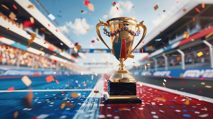 Victory Celebration: Golden Trophy and Olympic Laurel on Podium, Cheering Crowd, Confetti, Cinematic Lighting – Studio-Style Professional Photo with High Detail and Octane Rendering