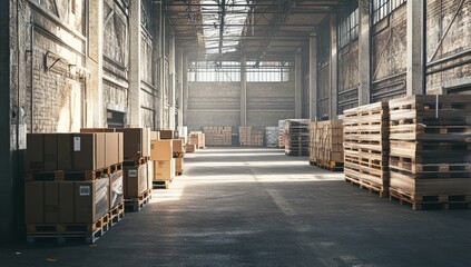 Industrial Warehouse Interior with Pallets and Cardboard Boxes