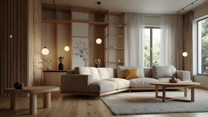 Japanese-style living room design in a modern setting. Scandinavian apartment with wood, plaster, and lighting that is bright. Illustration in 3D render
