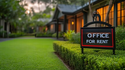 &ldquo;OFFICE FOR RENT&rdquo; sign - office rental - commercial real estate -sign placed in front of office building- blurred background 