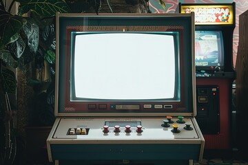 Retro arcade machine with blank screen in vintage room