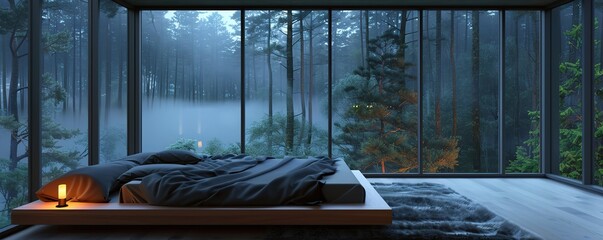 Cozy bedroom with large window view of misty forest at dusk